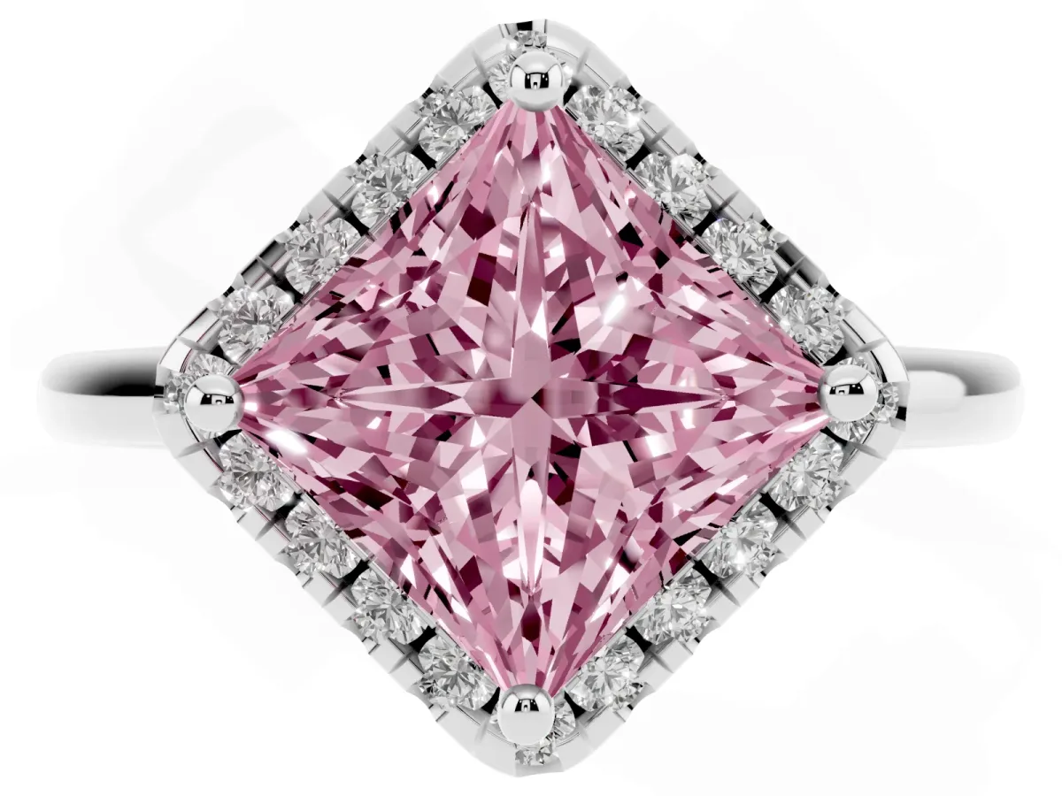 Fancy Pink Princess Cut Halo Round Diamond Solitaire Engagement Ring with Pave Band and Four-Prong Setting Platinum