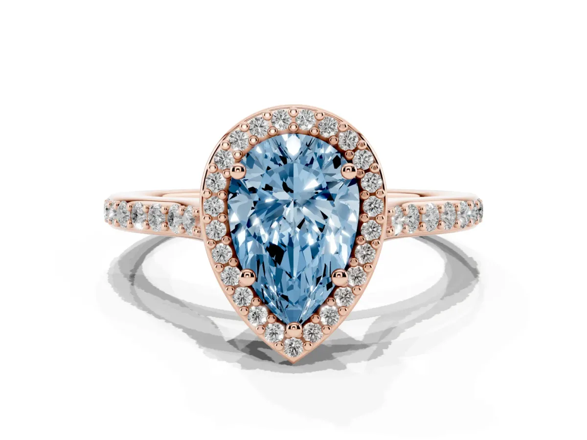 Fancy Blue Pear Cut Diamond Halo Engagement Ring with Round Pavé Shoulders and Prong Setting Rose gold