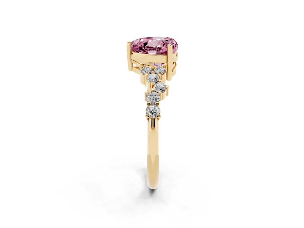 Fancy Pink Heart Cut Diamond Scattered Round Accent Ring with Prong Setting Yellow gold