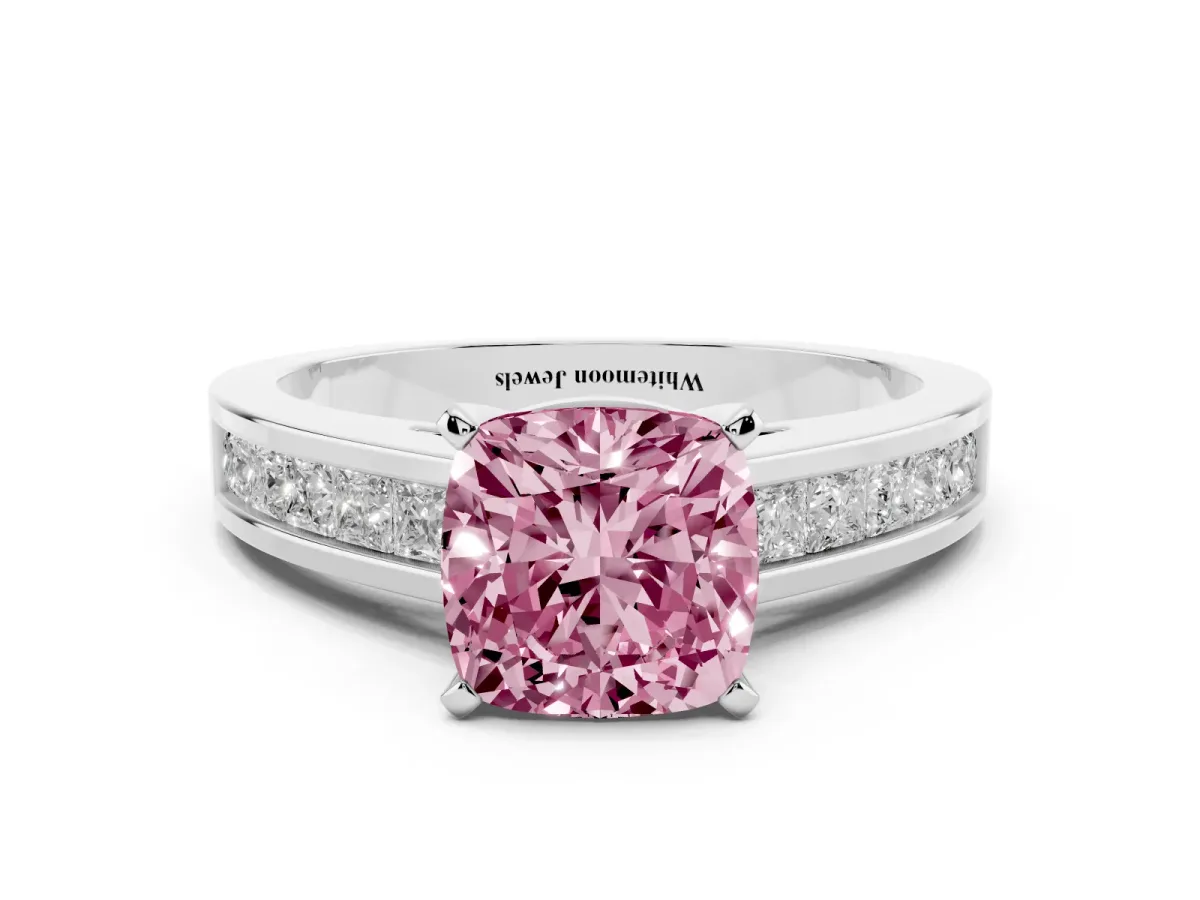 Fancy Pink Cushion Cut Solitaire Diamond Ring with Channel-Set Band and Four-Prong Setting Silver