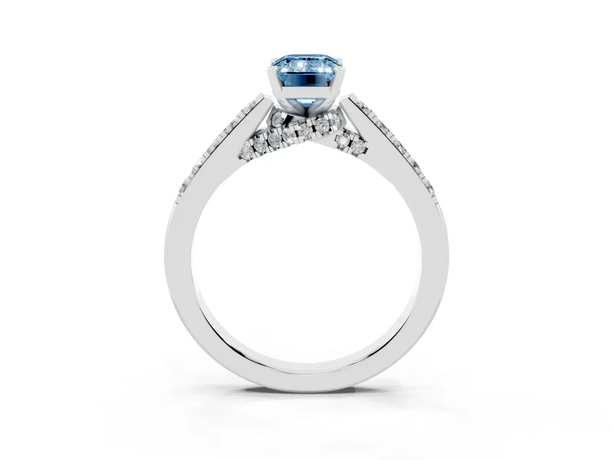 Fancy Blue Emerald Cut Diamond Solitaire Ring with Crossover Gallery and Round Pavé Band Platinum