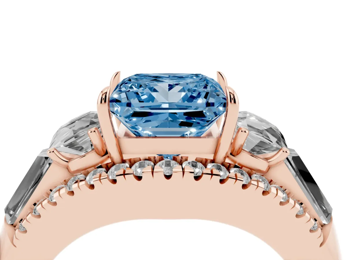 Fancy Blue Three-Stone Princess Cut Diamond Engagement Ring with Pave Band and Prong Setting Rose gold