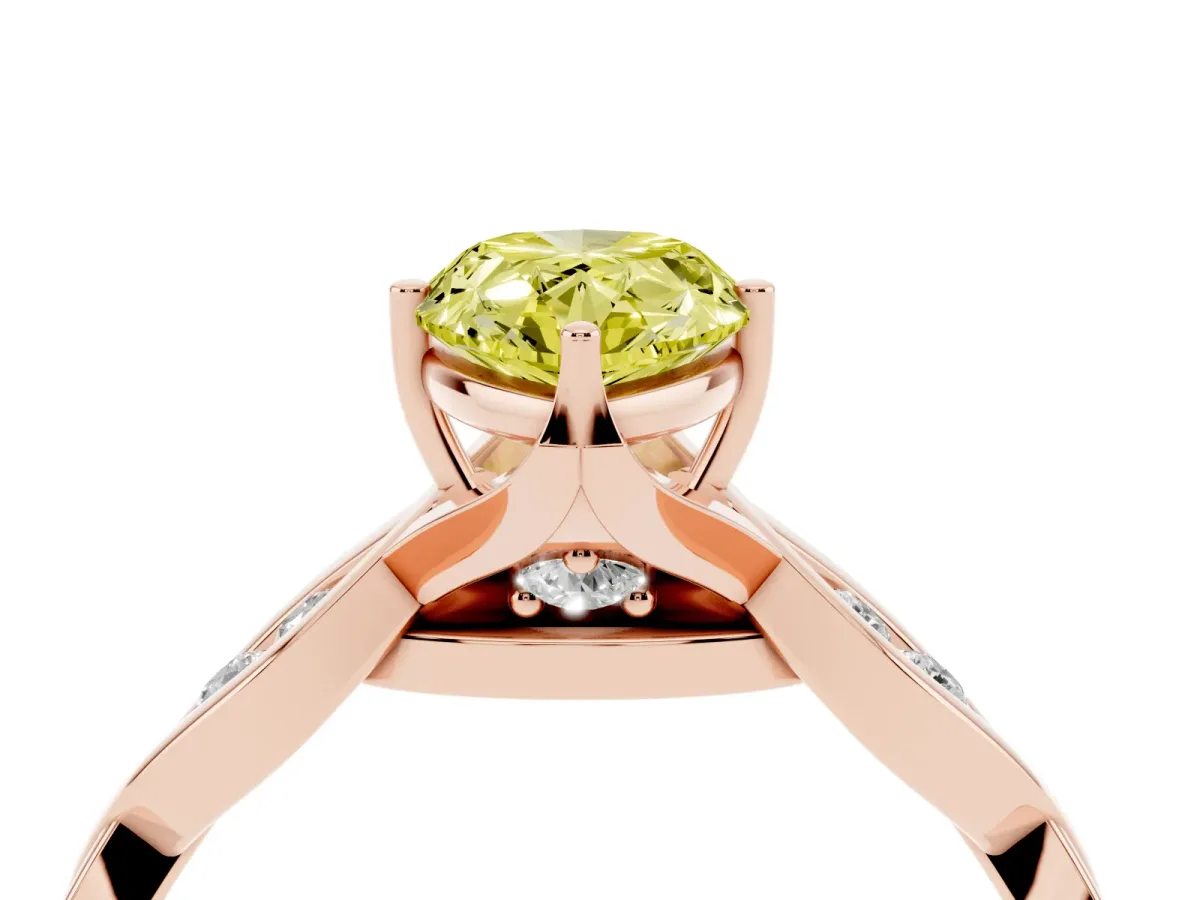 Fancy Yellow Pear Cut Solitaire Twist Band with Leaf Prong Setting Rose gold