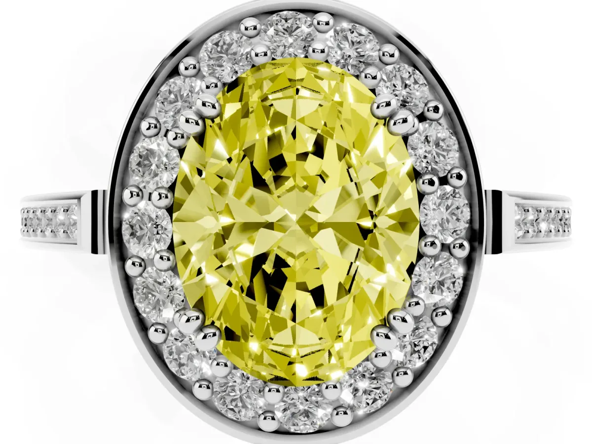 Fancy Yellow Oval Cut Diamond Halo Ring with Split Shank and Four-Prong Setting Silver