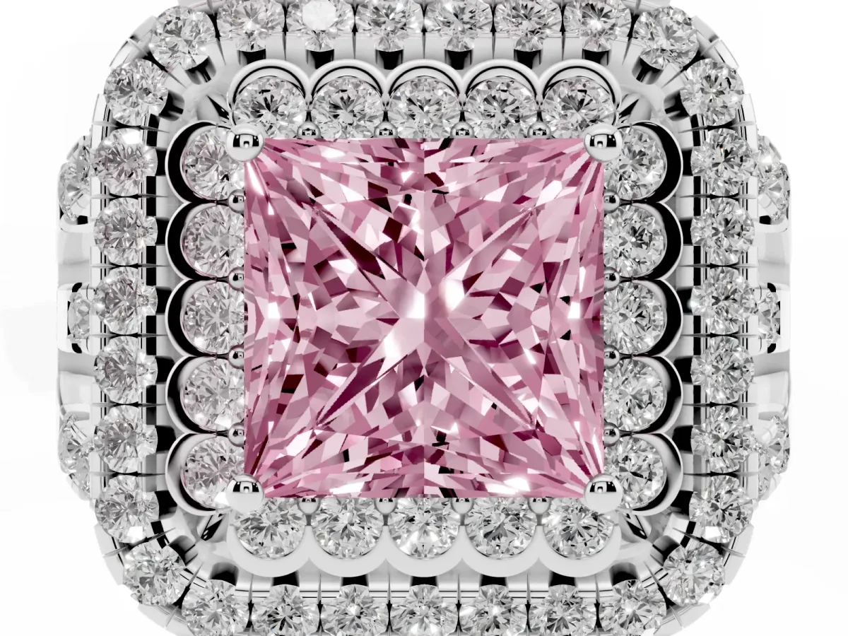 Fancy Pink Princess Cut Diamond Double Halo Ring with Round Pavé Split Shank and Prong Setting Silver