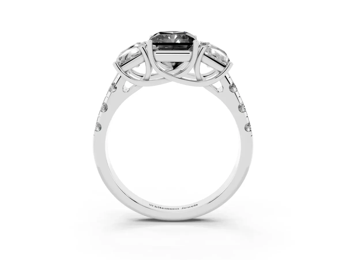 Fancy Black Three-Stone Radiant Cut Diamond Pavé Band with Prong Setting Silver