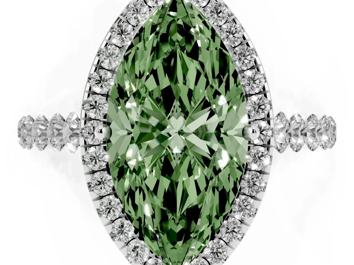 Fancy Green Marquise Cut Halo Pavé Diamond Engagement Ring with Four-Prong Setting Silver