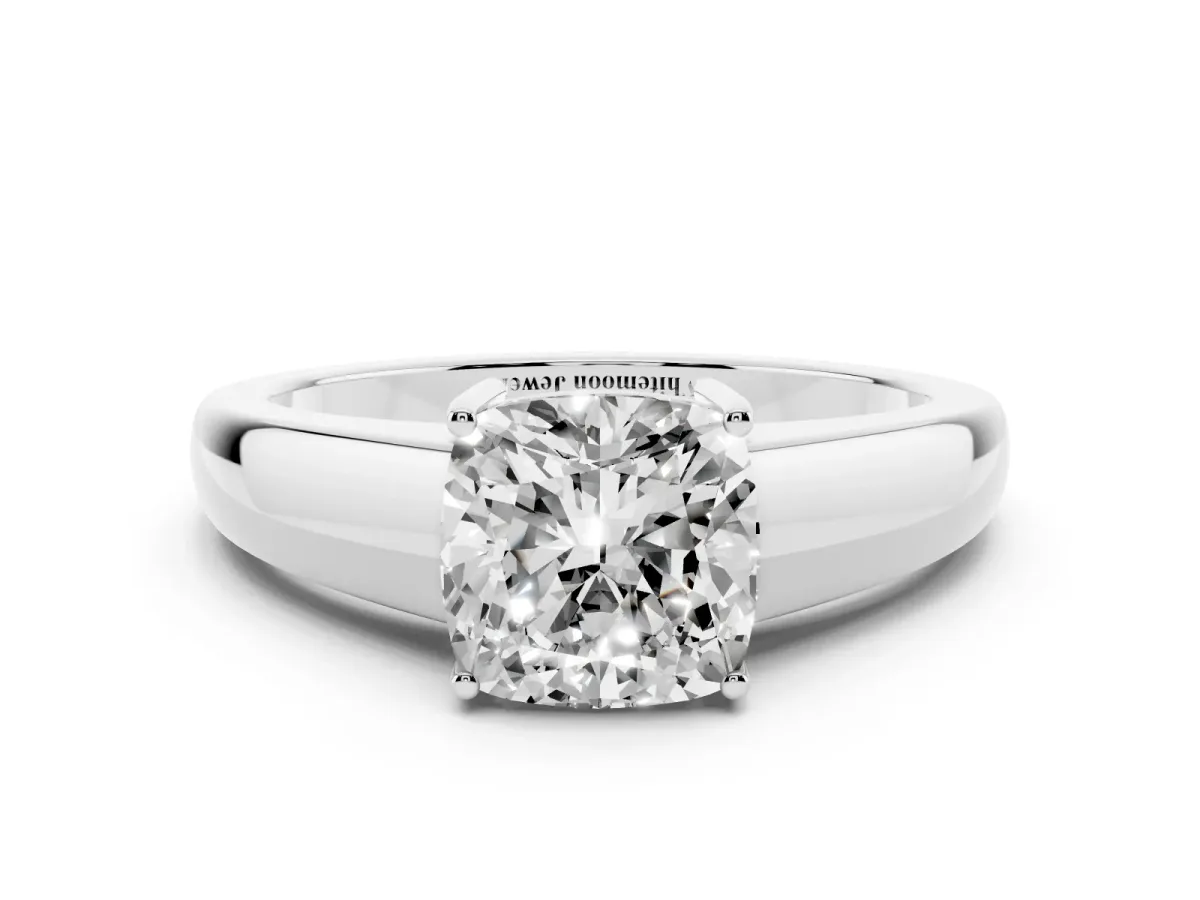 Cushion Cut Solitaire Diamond Ring with Tapered Band and Four-Prong Setting Silver