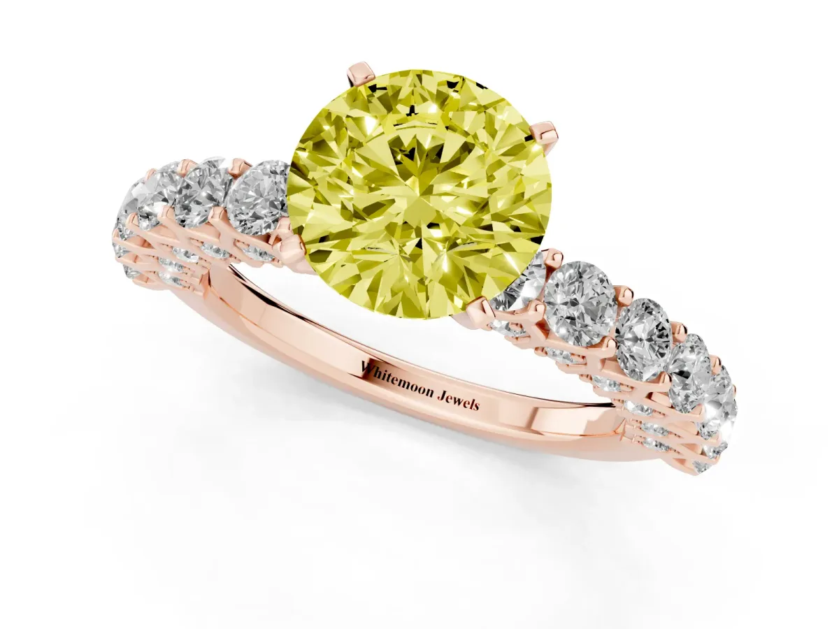 Fancy Yellow Round Cut Diamond Solitaire Ring with Shared Prong Pavé Band and Four-Prong Setting Rose gold