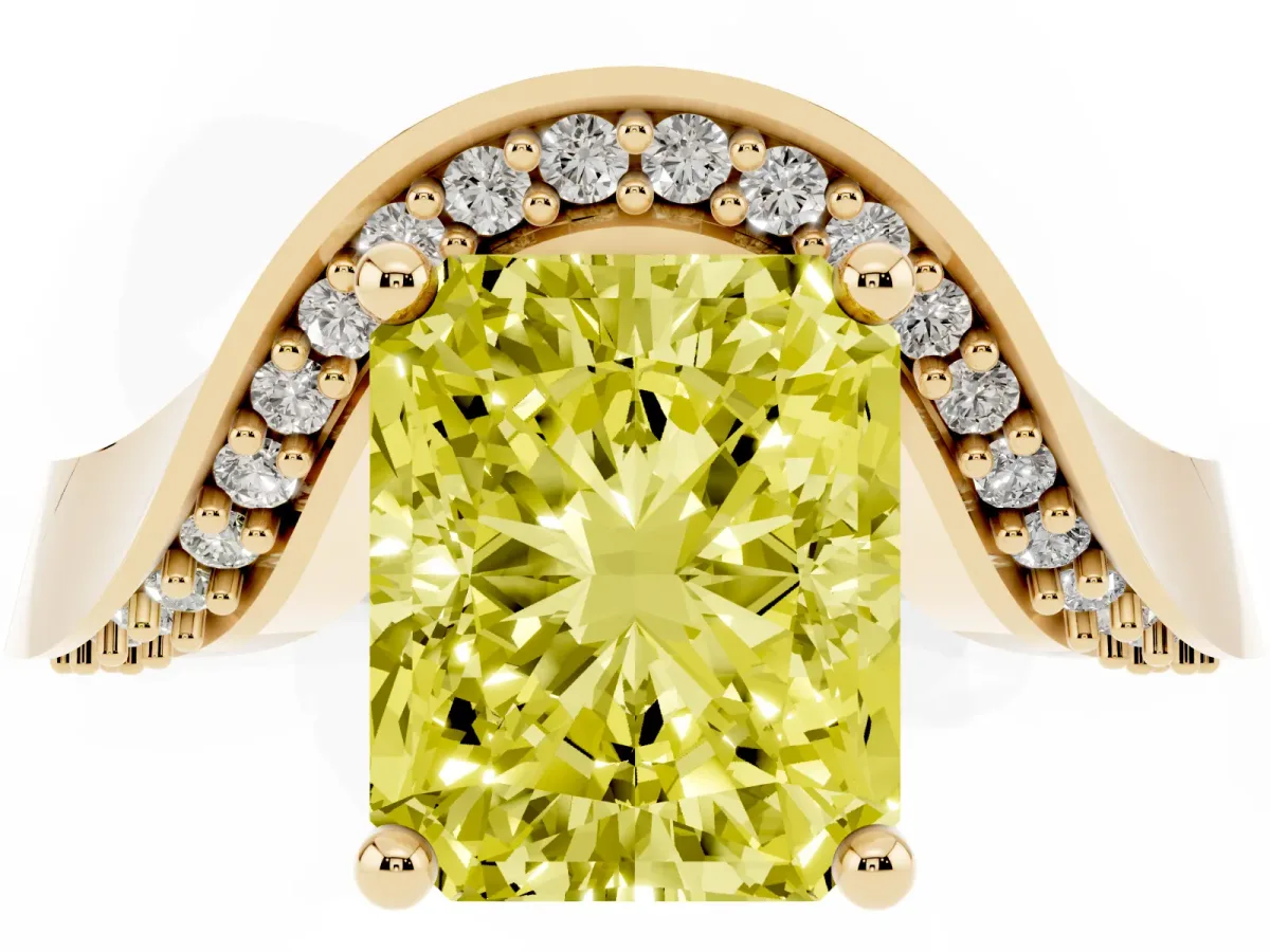 Fancy Yellow Radiant Cut Solitaire Diamond Engagement Ring with Pave Band and Four-Prong Setting Yellow gold