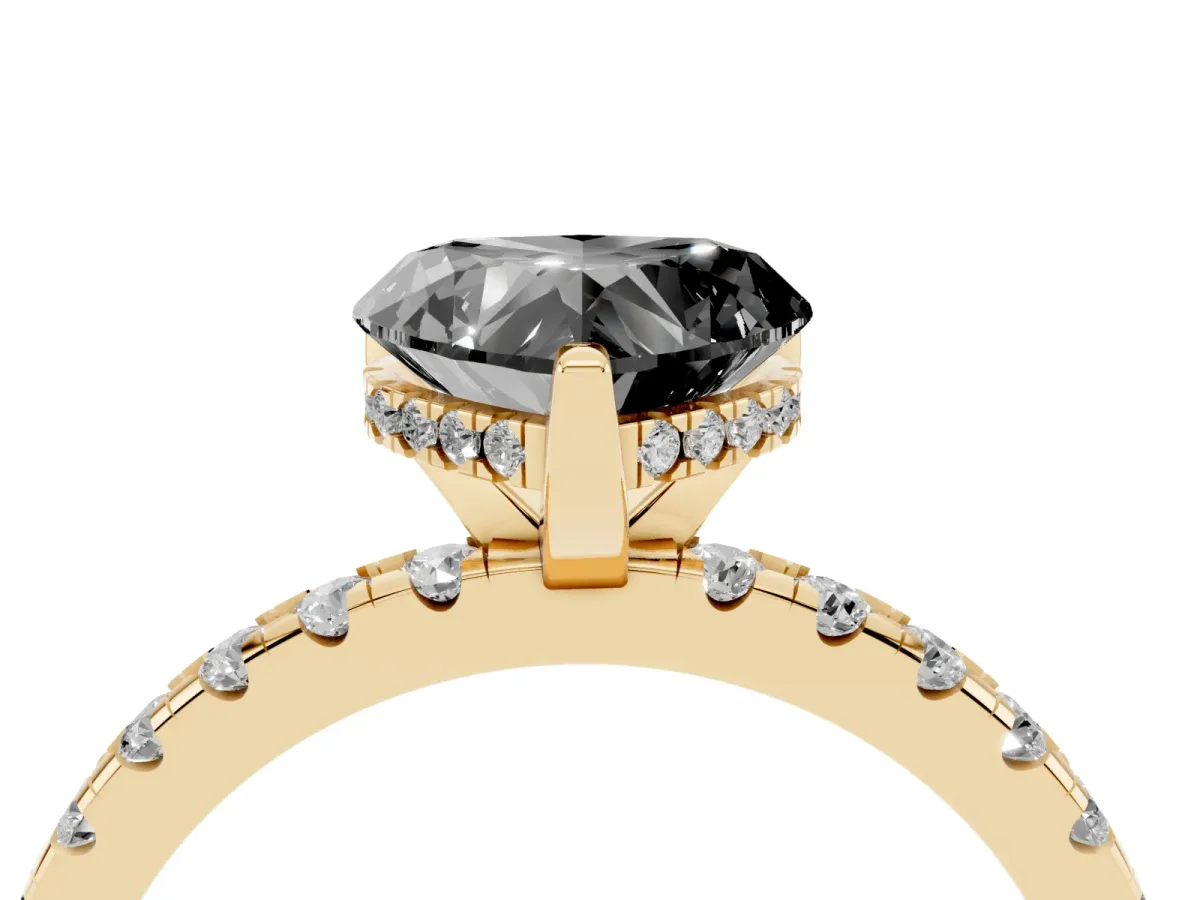 Fancy Black Heart Cut Diamond Solitaire Ring with Round Pavé Band and Four-Prong Setting Yellow gold
