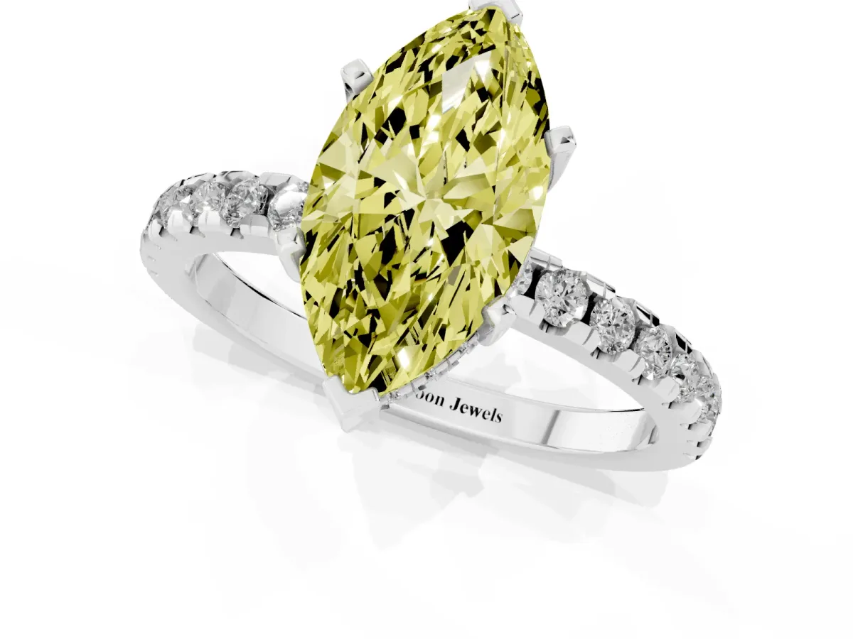 Fancy Yellow Marquise Cut Diamond Solitaire Ring with Round Pavé Band and Four-Prong Setting Silver