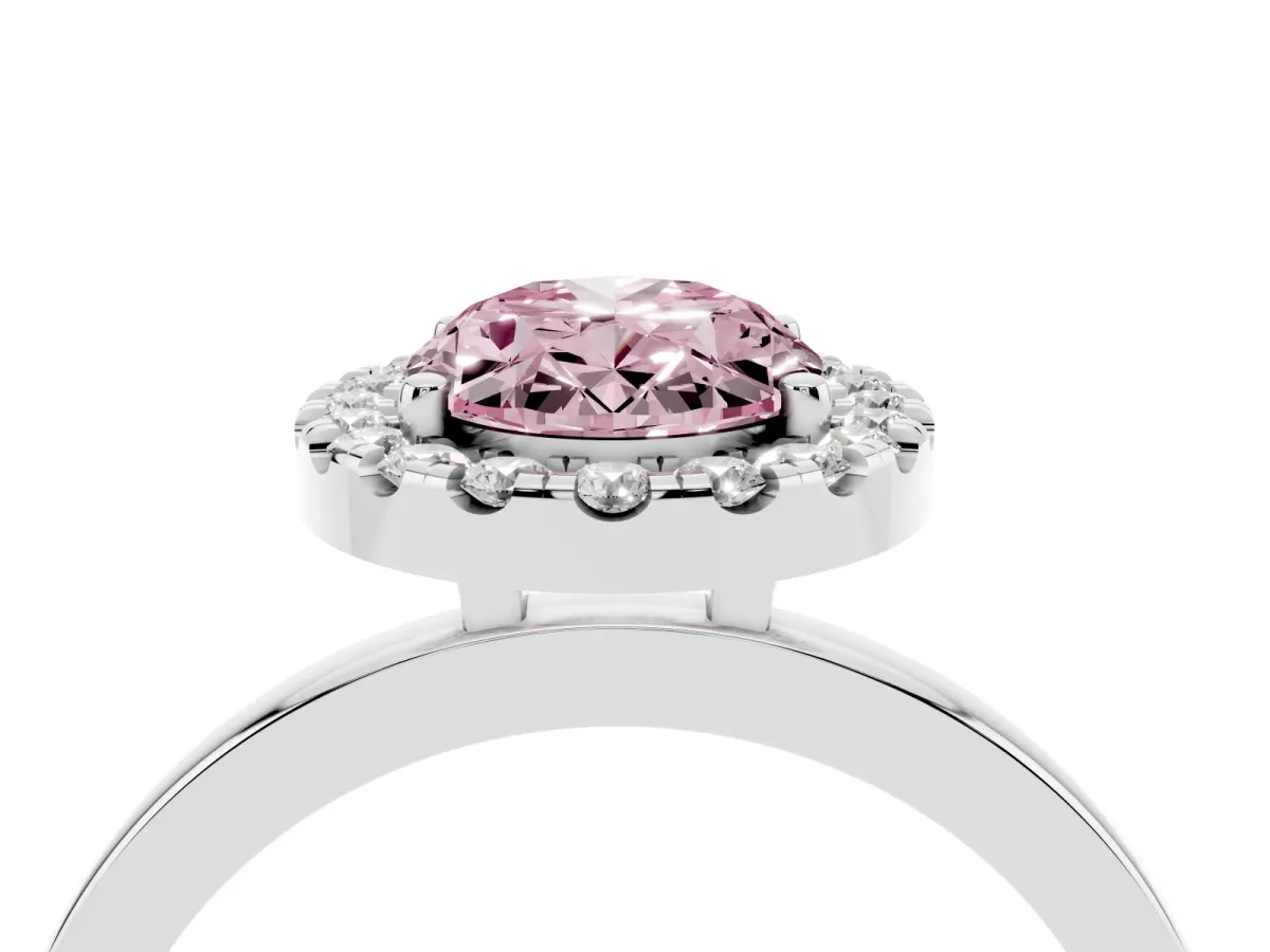 Fancy Pink Oval Cut Halo Diamond Solitaire with Pavé Band and Four-Prong Setting White gold