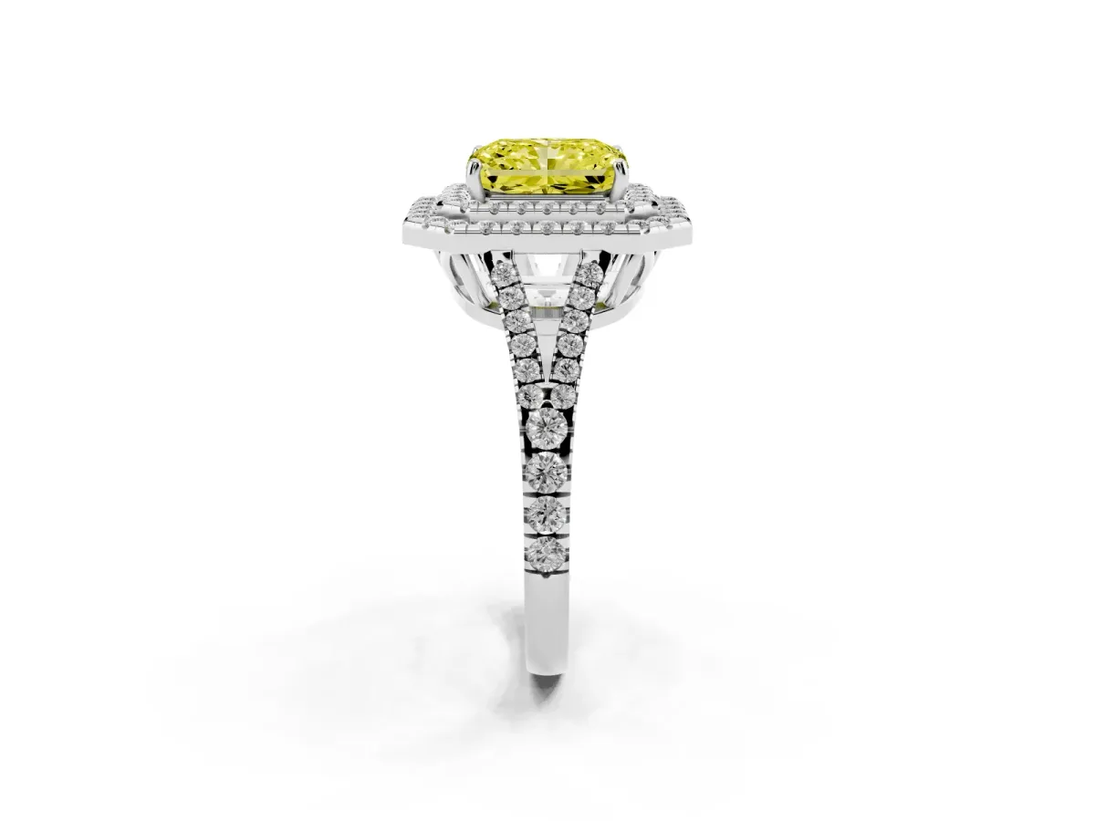 Fancy Yellow Radiant Cut Diamond Double Halo Ring with Pavé Band and Prong Setting Platinum