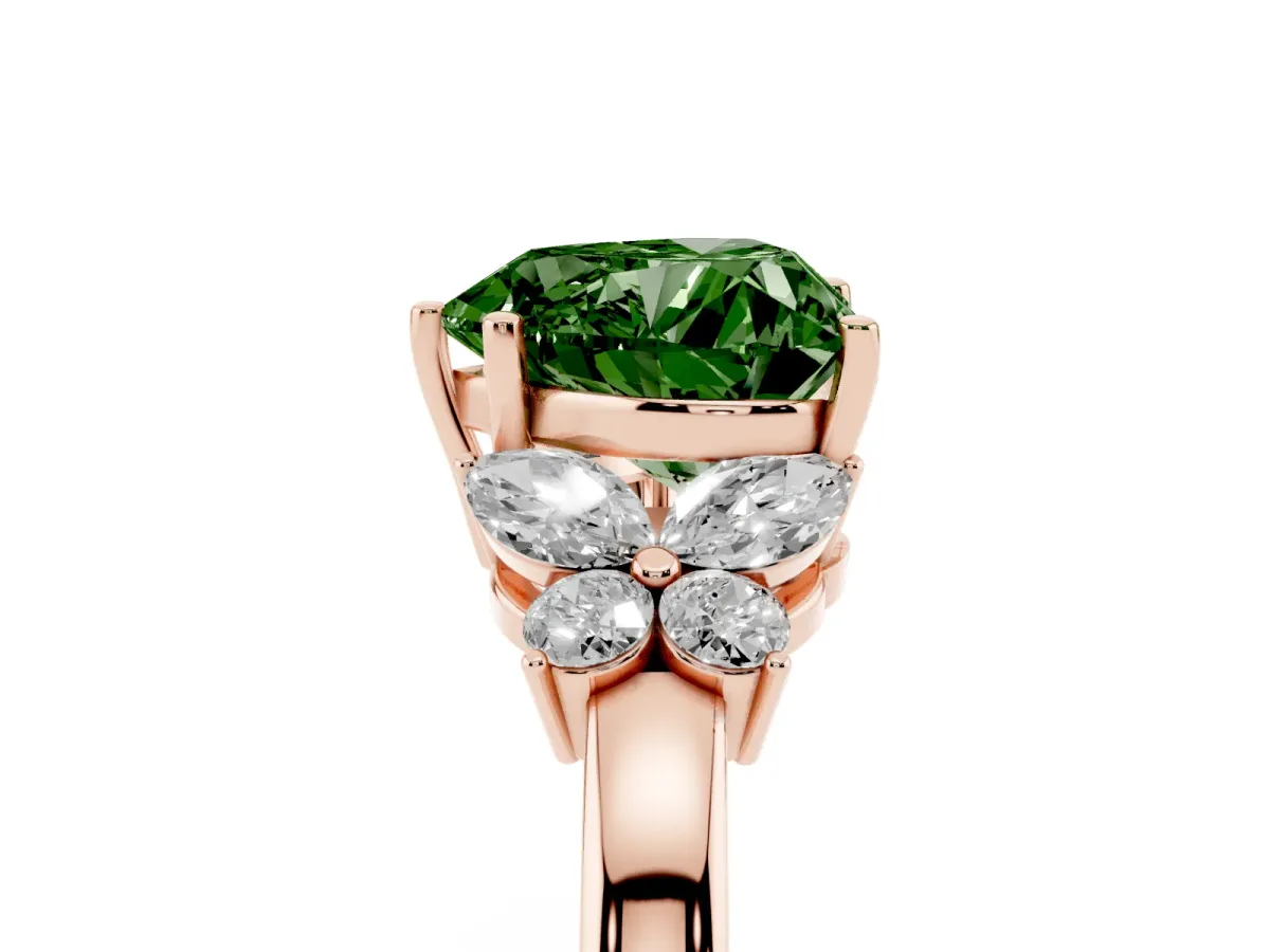 Fancy Green Heart Cut Cut Solitaire Floral Diamond Ring with Four-Prong Setting Rose gold