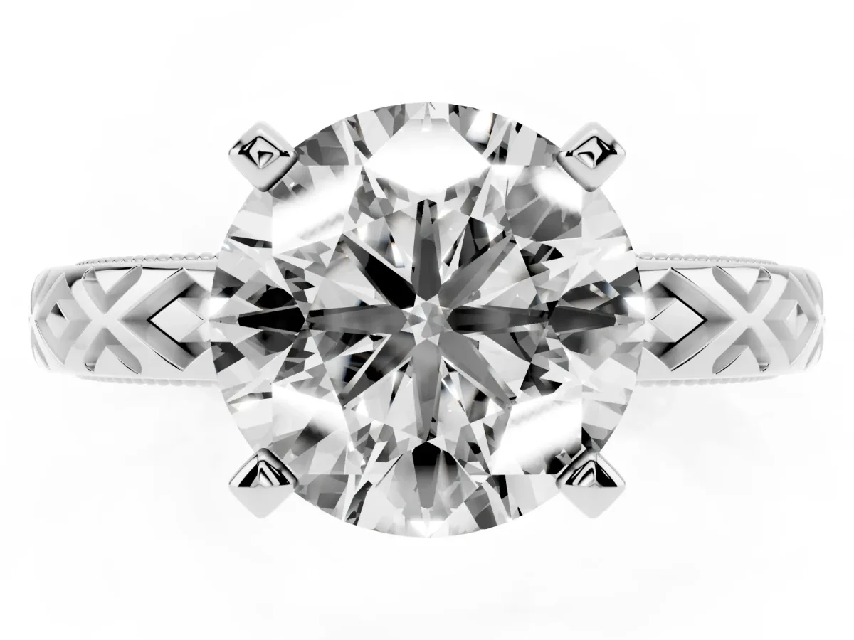 Round Cut Solitaire Diamond Ring with Milgrain and Black Enamel X Pattern Band Silver