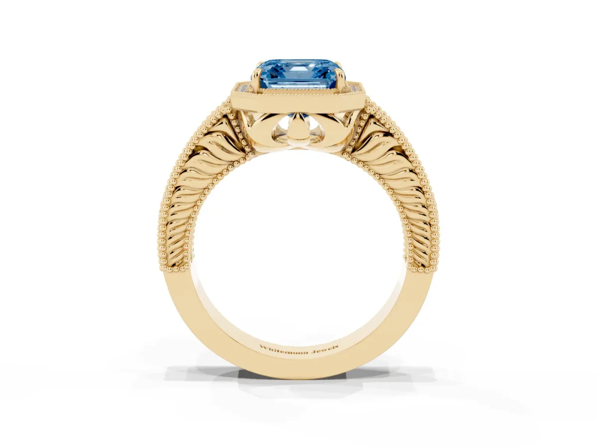 Fancy Blue Asscher Cut Cut Halo Diamond Ring with Pavé Band and Four-Prong Setting Yellow gold