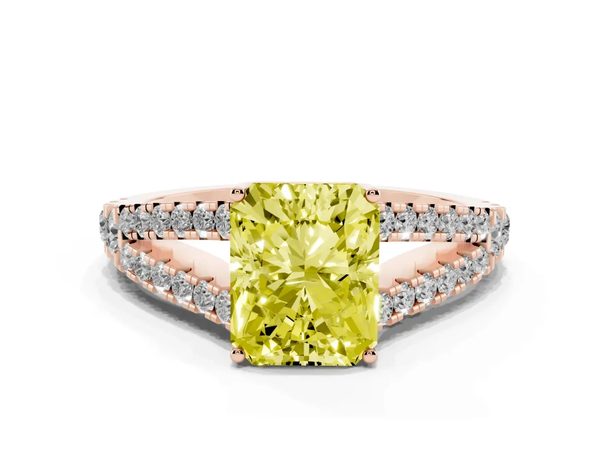 Fancy Yellow Radiant Cut Diamond Split Shank Pavé Engagement Ring with Four-Prong Setting Rose gold