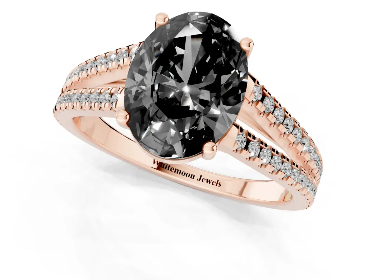 Fancy Black Oval Cut Diamond Solitaire Engagement Ring with Split Shank Pavé Band Rose gold
