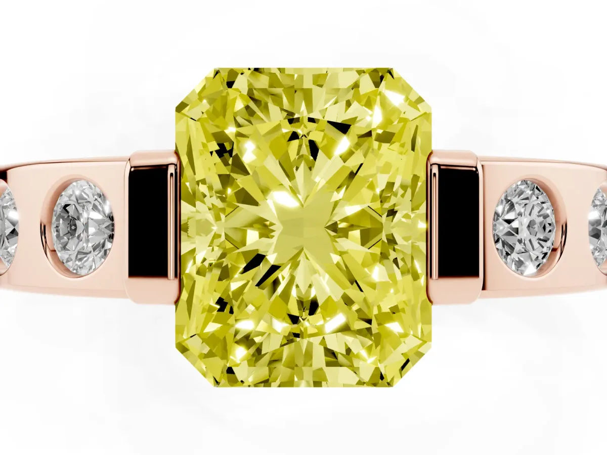 Fancy Yellow Radiant Cut Brilliant Channel-Set Diamond Ring with Bezel Prong Setting Rose gold
