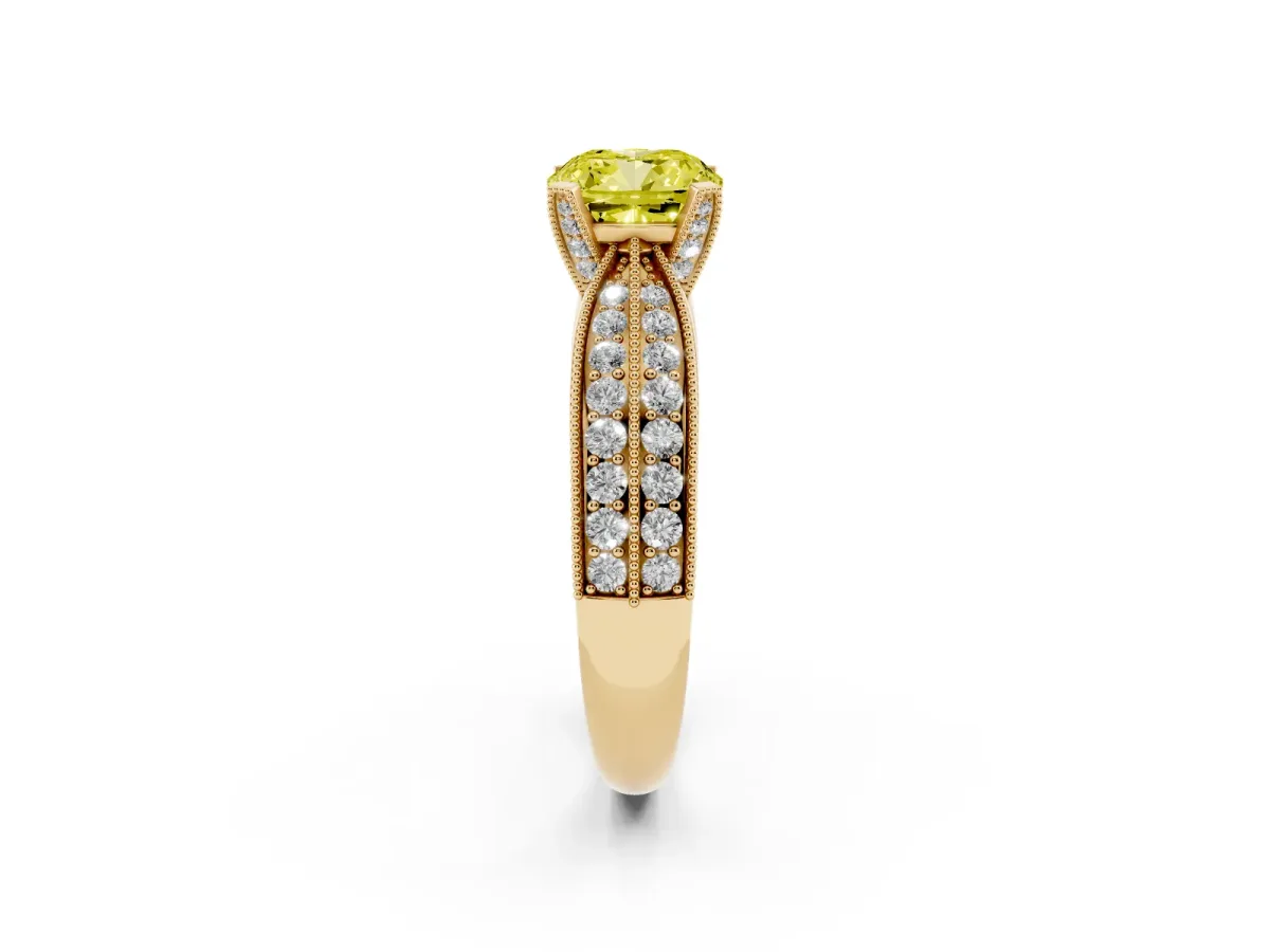 Fancy Yellow Cushion Cut Diamond Solitaire Ring with Milgrain Round Pavé Band and Prong Setting Yellow gold