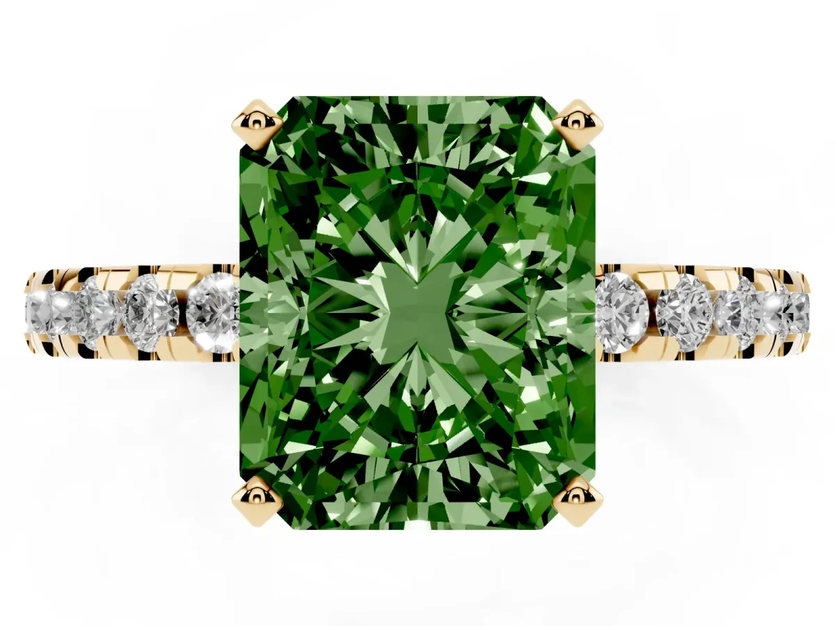 Fancy Green Radiant Cut Diamond Solitaire Ring with Round Pavé Band and Four-Prong Setting Yellow gold