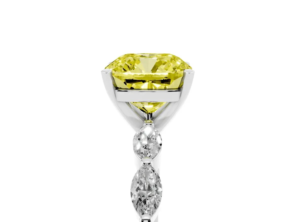 Fancy Yellow Cushion Cut Diamond Ring with Marquise Side Stones and Prong Setting Platinum