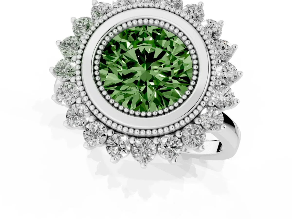 Fancy Green Round Cut Halo Diamond Ring with Milgrain Edge and Round Prong Setting Silver