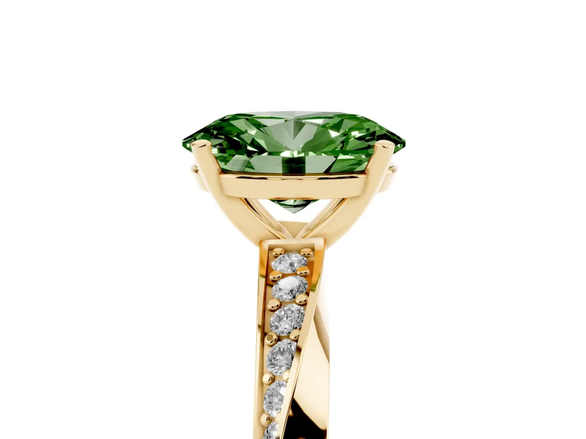 Fancy Green Oval Cut Diamond Engagement Ring with Side Stone Accents and Four-Prong Setting Yellow gold