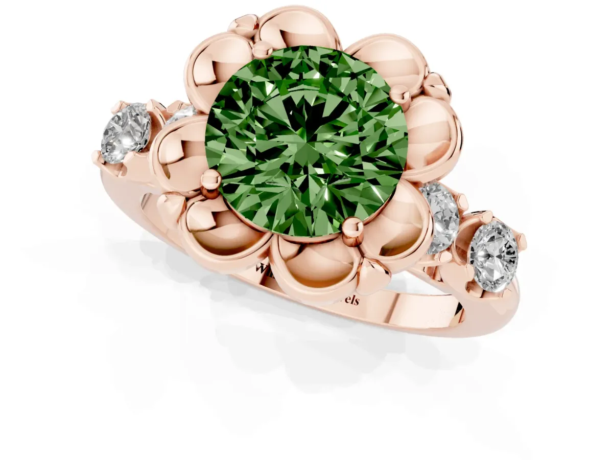 Fancy Green Round Cut Cut Diamond Floral Halo Engagement Ring with Shared Prong Setting Rose gold
