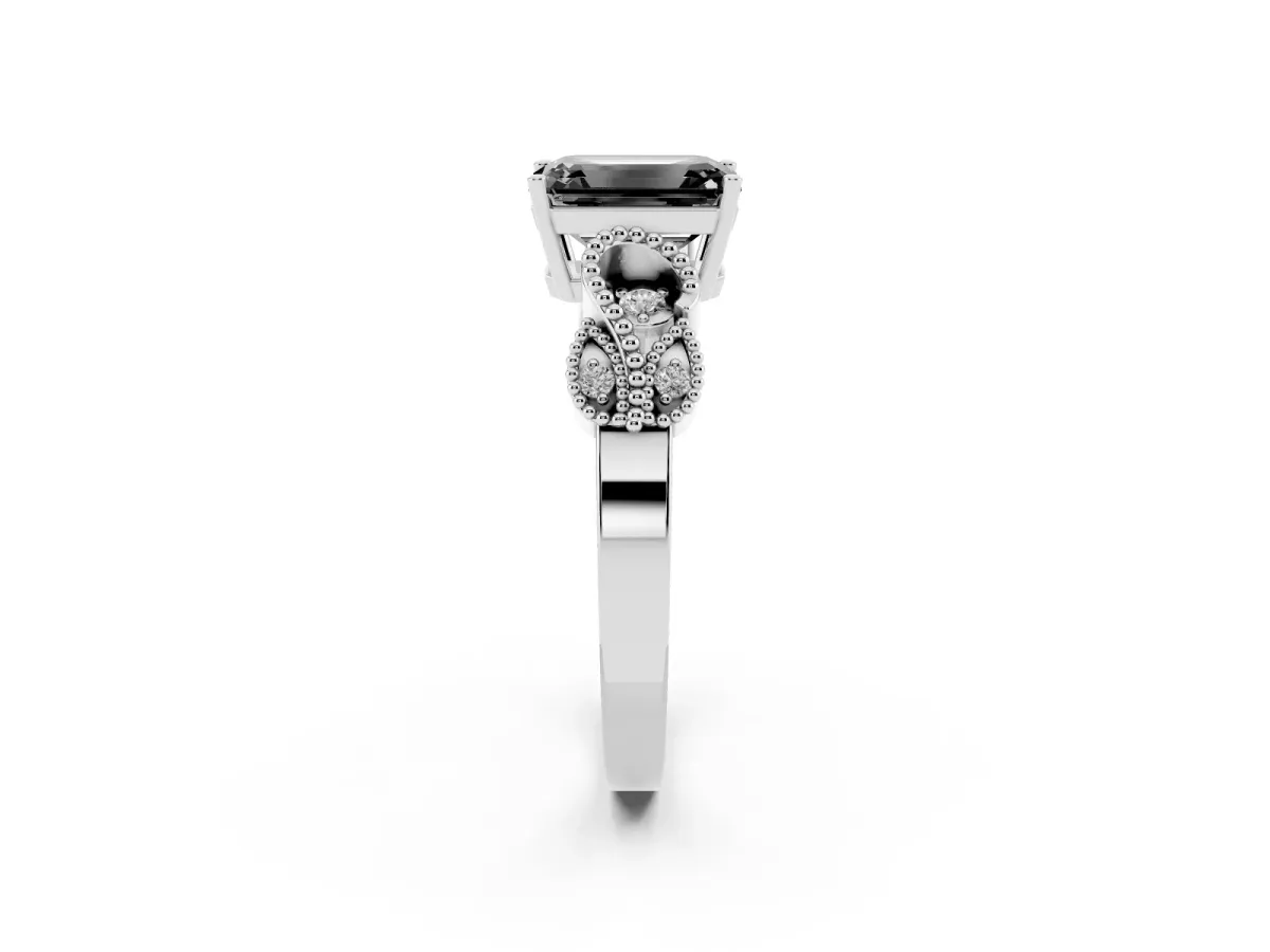 Fancy Black Emerald Cut Solitaire Milgrain Leaf Band with Prong Setting Silver