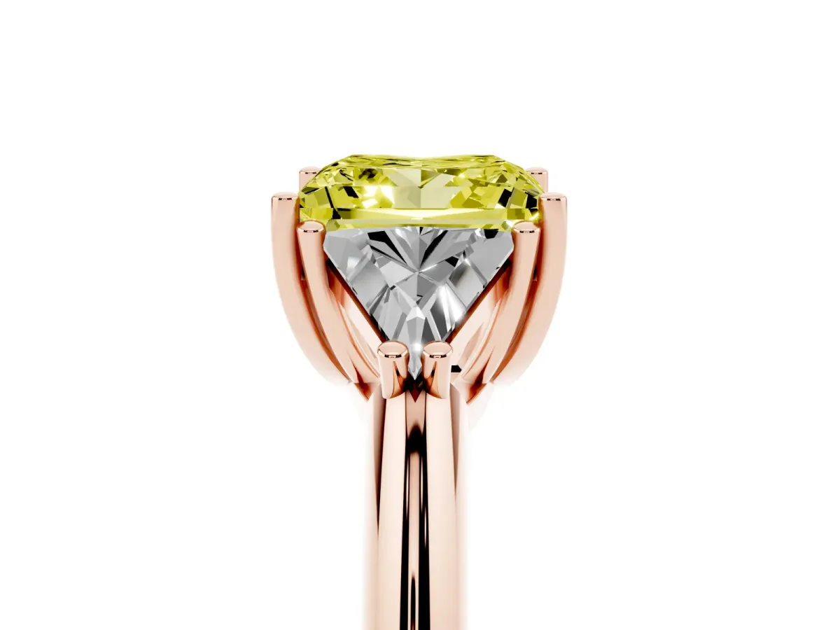 Fancy Yellow Three-Stone Princess Cut Diamond Engagement Ring with Trillion Side Stones and Prong Setting Rose gold