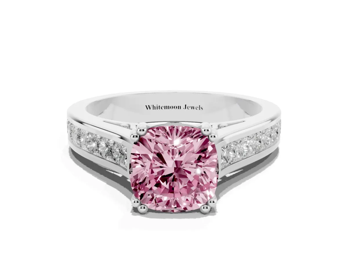 Fancy Pink Cushion Cut Cut Channel Set Solitaire Engagement Ring with Prong Setting Silver