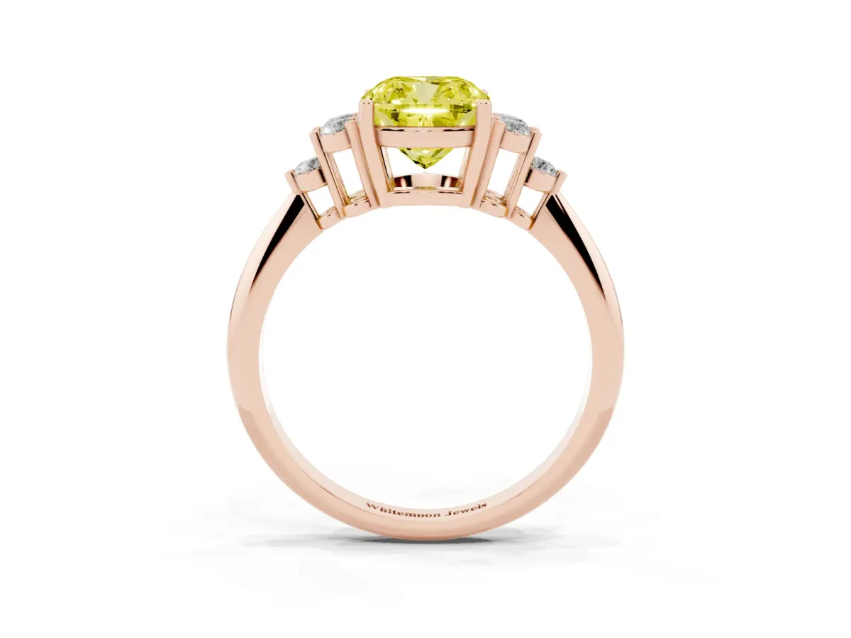 Fancy Yellow Cushion Cut Cut Diamond Cluster Ring with Solitaire Band and Four-Prong Setting Rose gold
