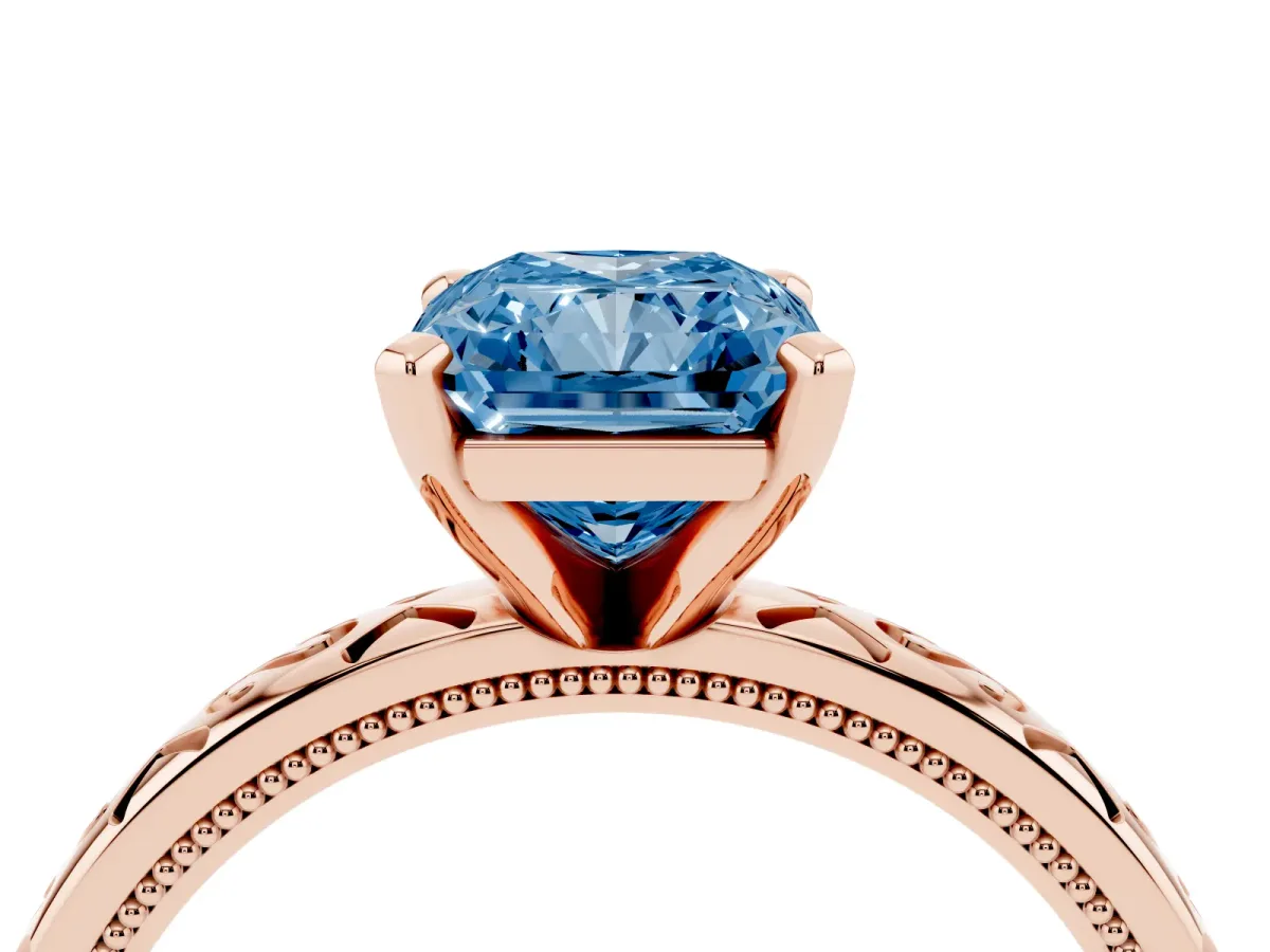 Fancy Blue Radiant Cut Solitaire Engagement Ring with Scrollwork Band and Four-Prong Setting Rose gold