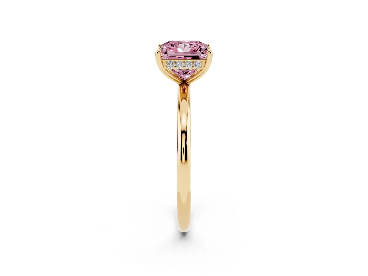 Fancy Pink Princess Cut Solitaire Diamond Ring with a Classic Band and Four-Prong Setting Yellow gold