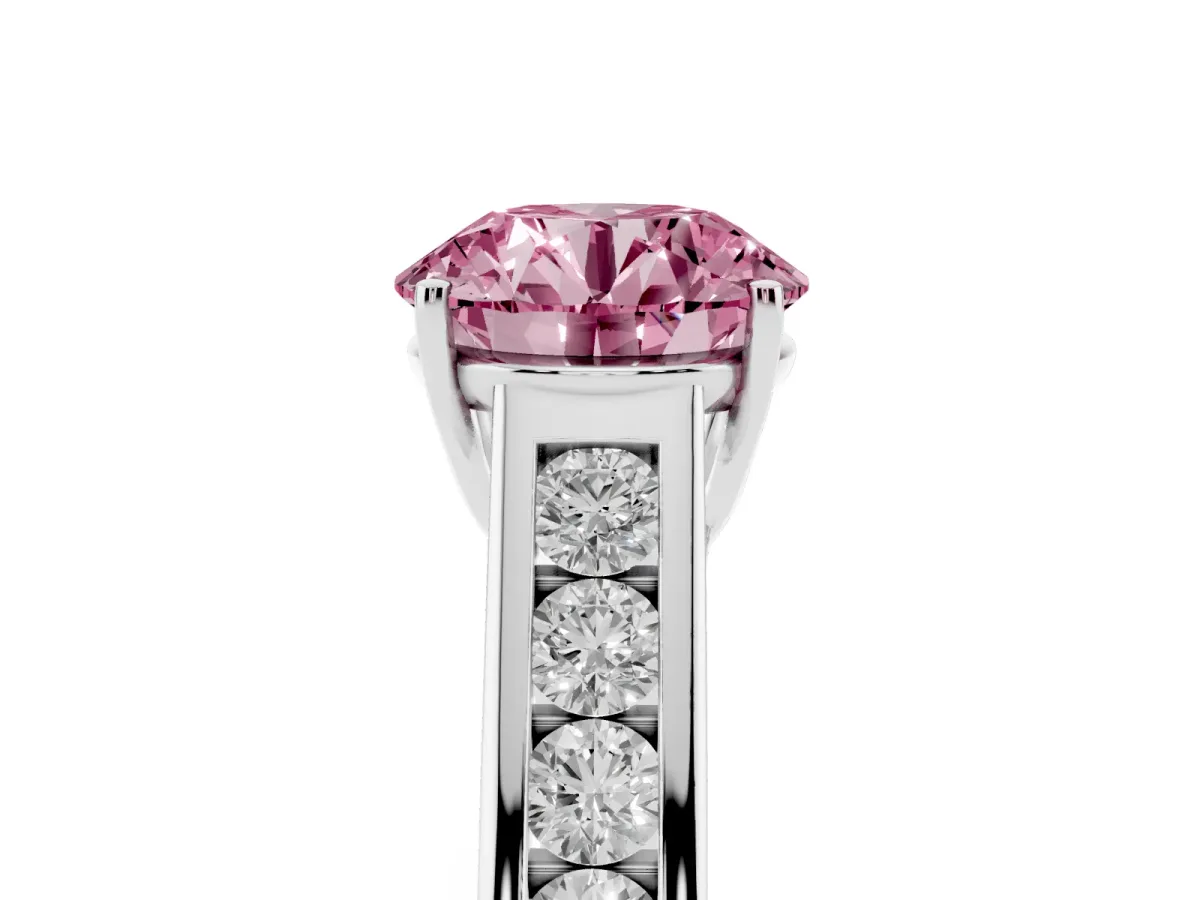 Fancy Pink Round Cut Brilliant Channel-Set Solitaire Ring with Four-Prong Setting Silver