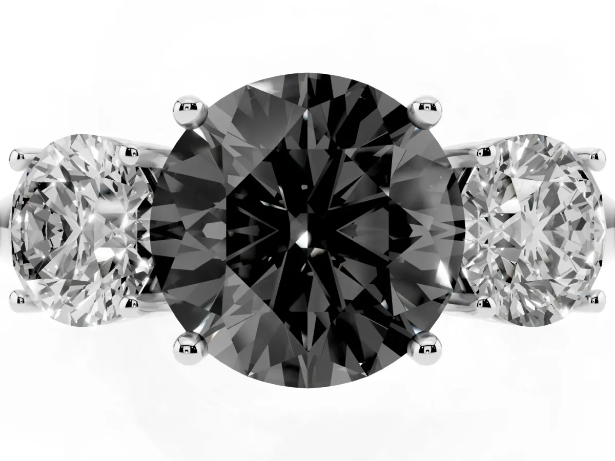 Fancy Black Three-Stone Round Cut Cut Diamond Engagement Ring with Prong Setting on a White Gold Band Platinum