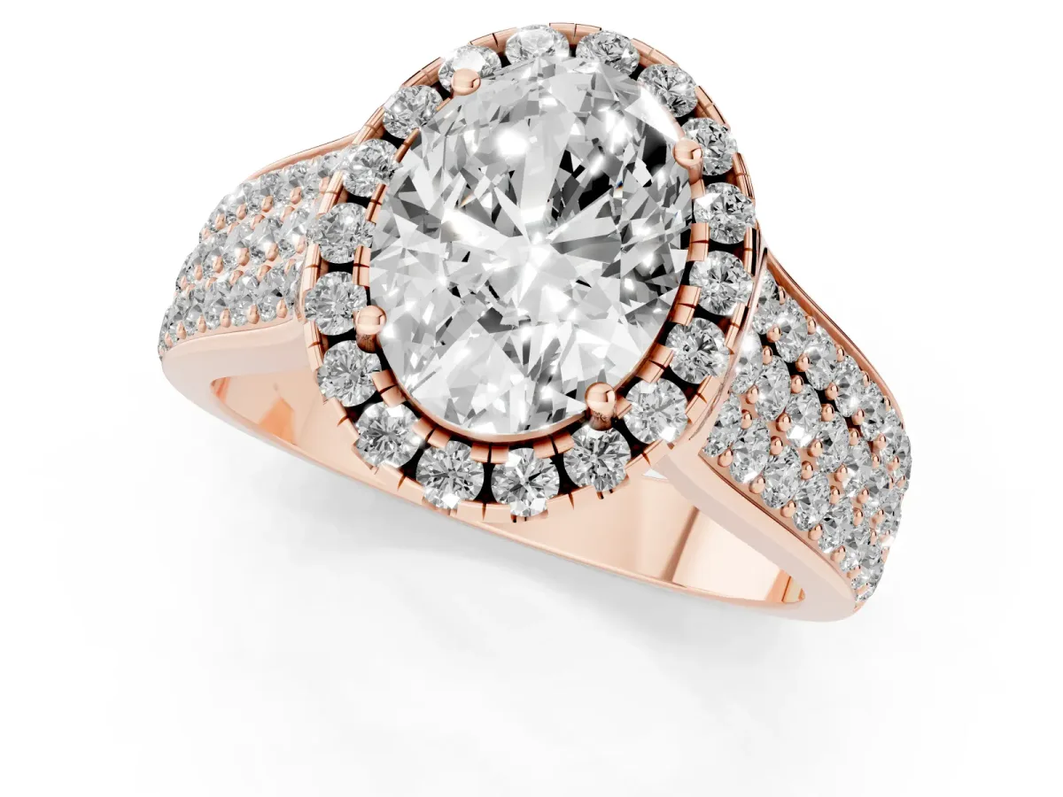 Oval Cut Halo Round Diamond Pave Band with Prong Setting Rose gold