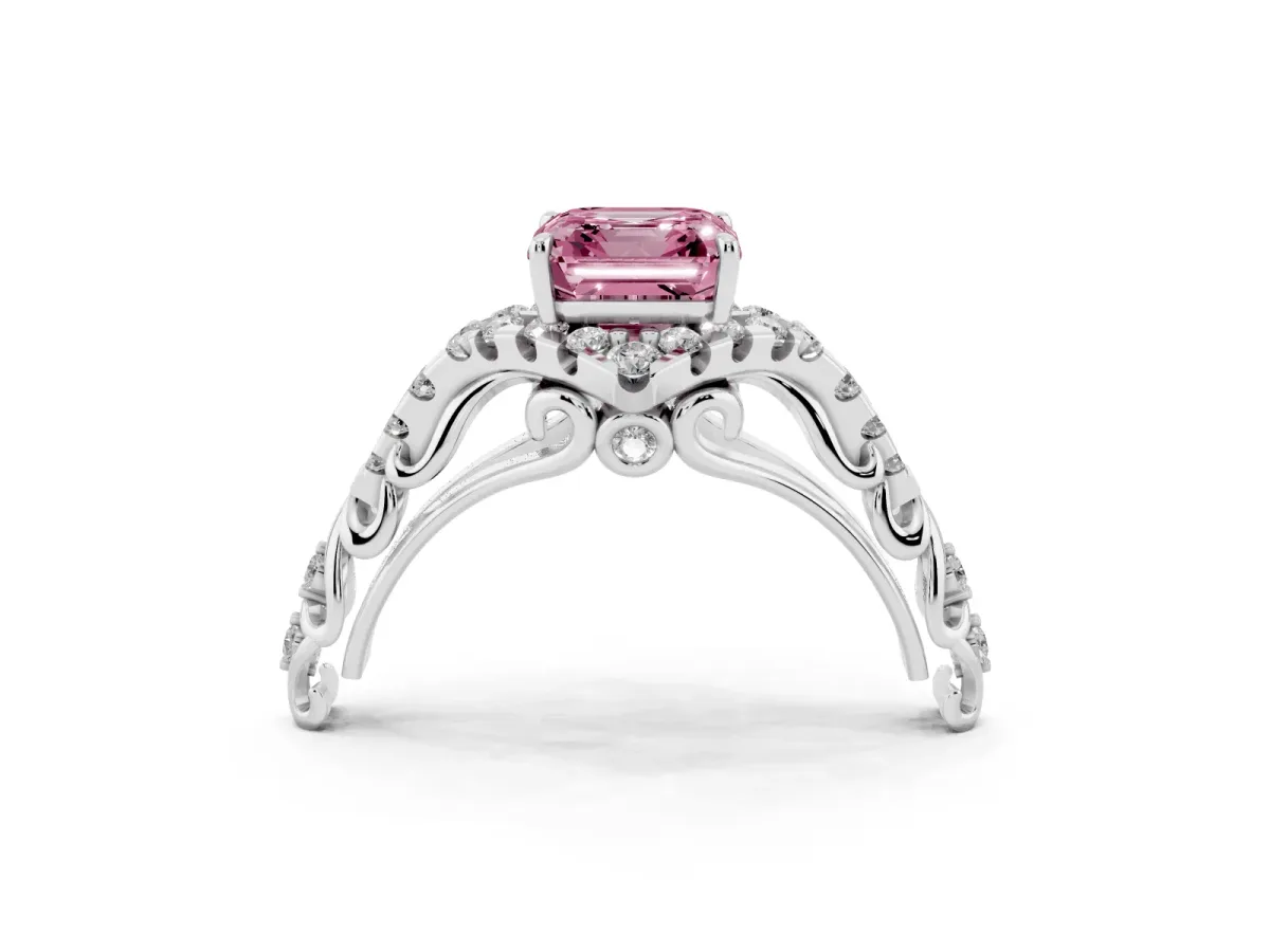 Fancy Pink Asscher Cut Diamond Solitaire Ring with Hidden Halo and Pavé Band Platinum