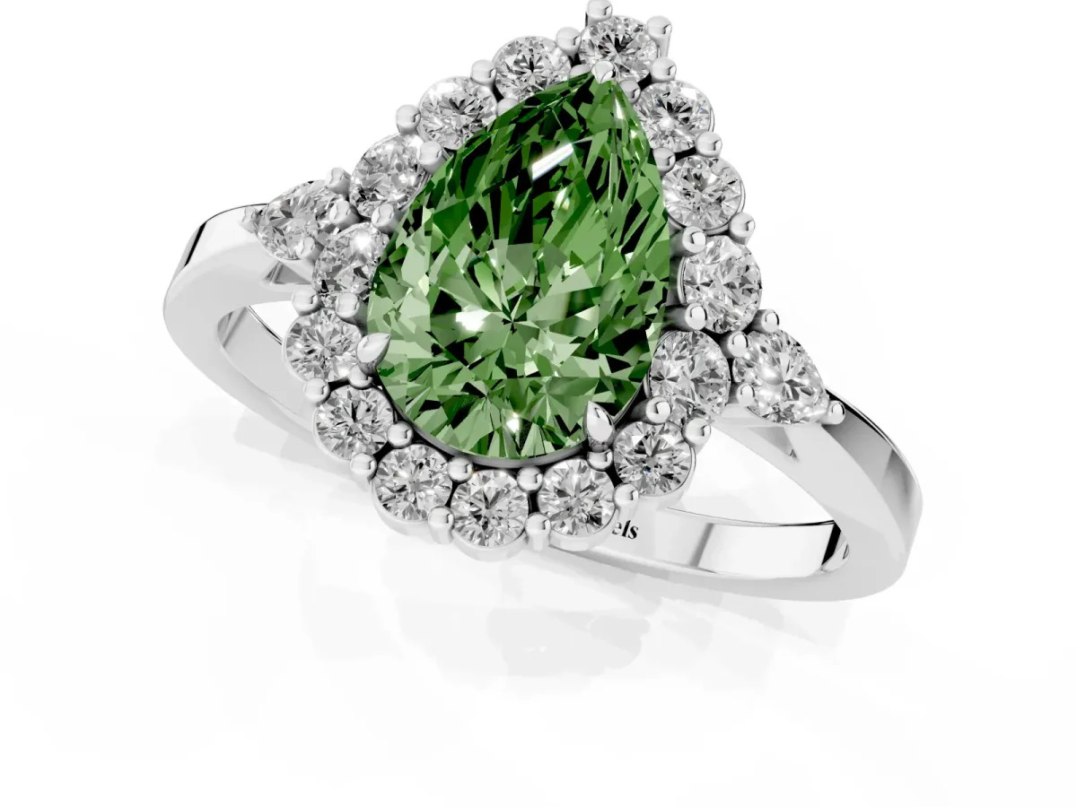Fancy Green Pear Cut Diamond Halo Ring with Pear Side Stones and Prong Setting Silver