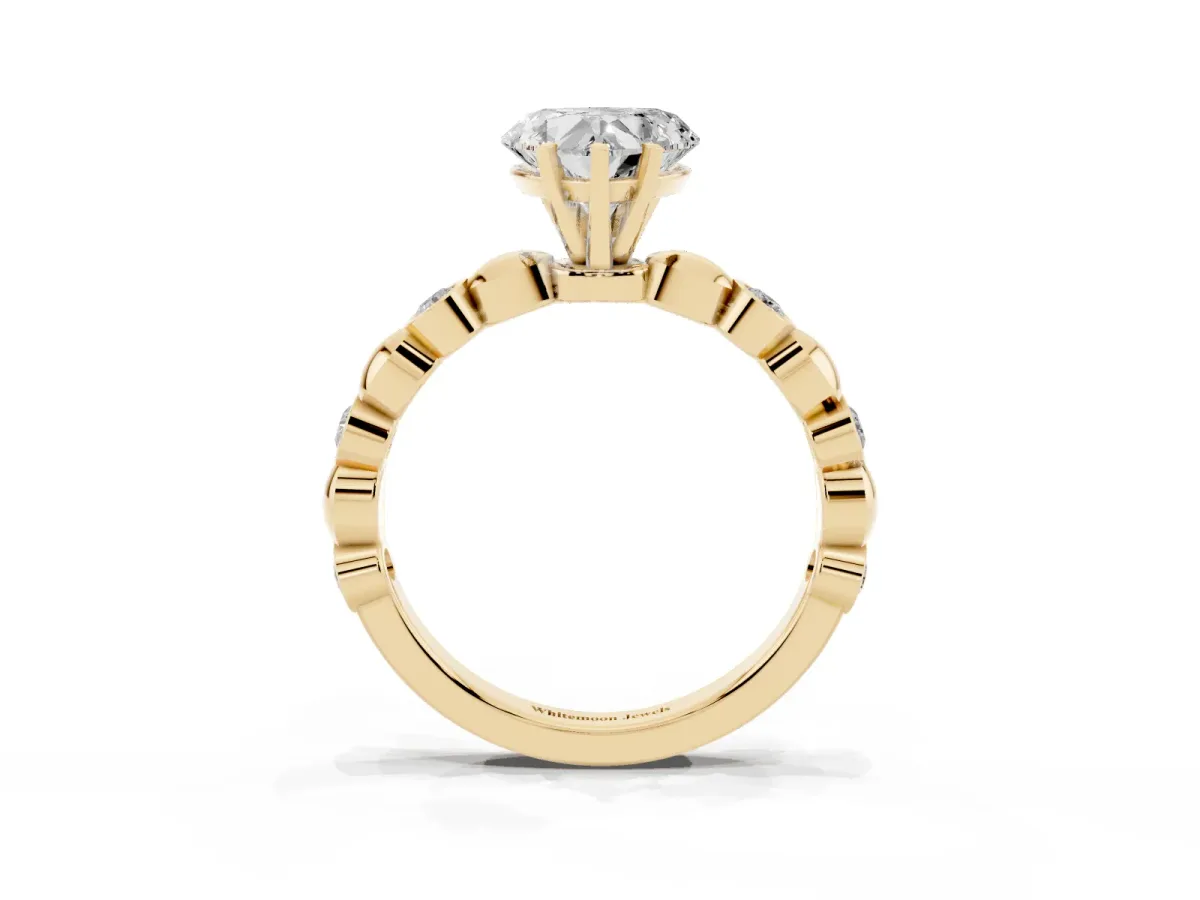 Heart Cut Solitaire Bezel-Set Diamond Ring with Beaded Band and Four-Prong Setting Yellow gold