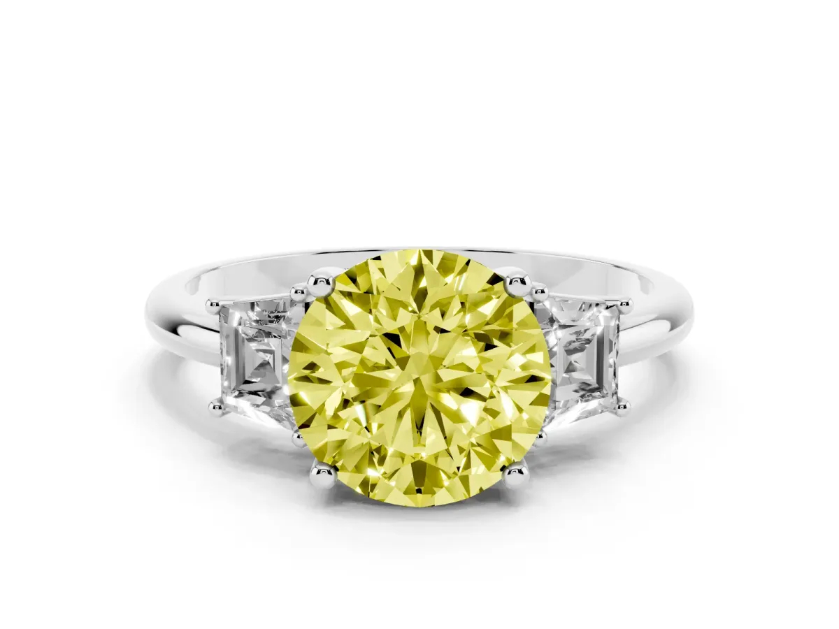 Fancy Yellow Round Cut Diamond Three-Stone Ring with Trapezoid Side Stones and Prong Setting Platinum