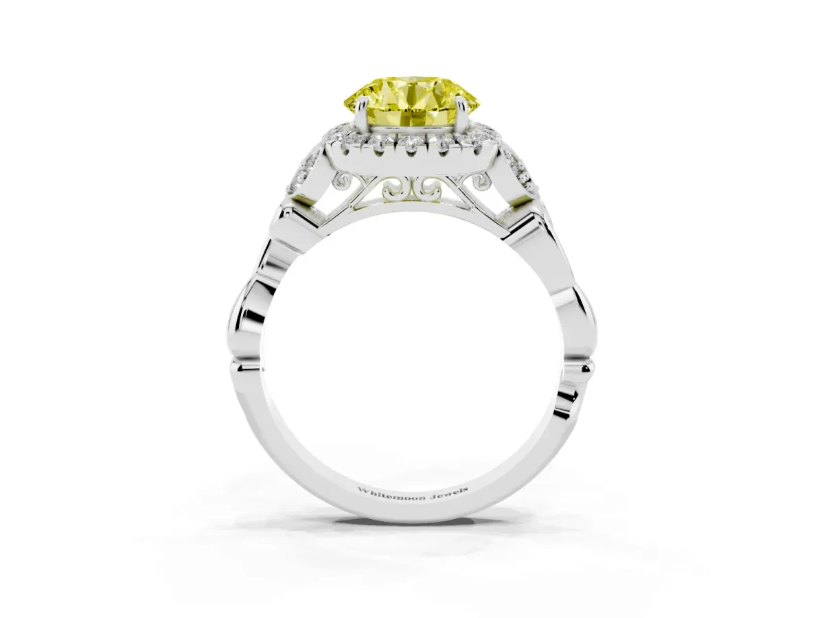 Fancy Yellow Round Cut Halo Diamond Engagement Ring with Vintage-Inspired Band and Four-Prong Setting Silver