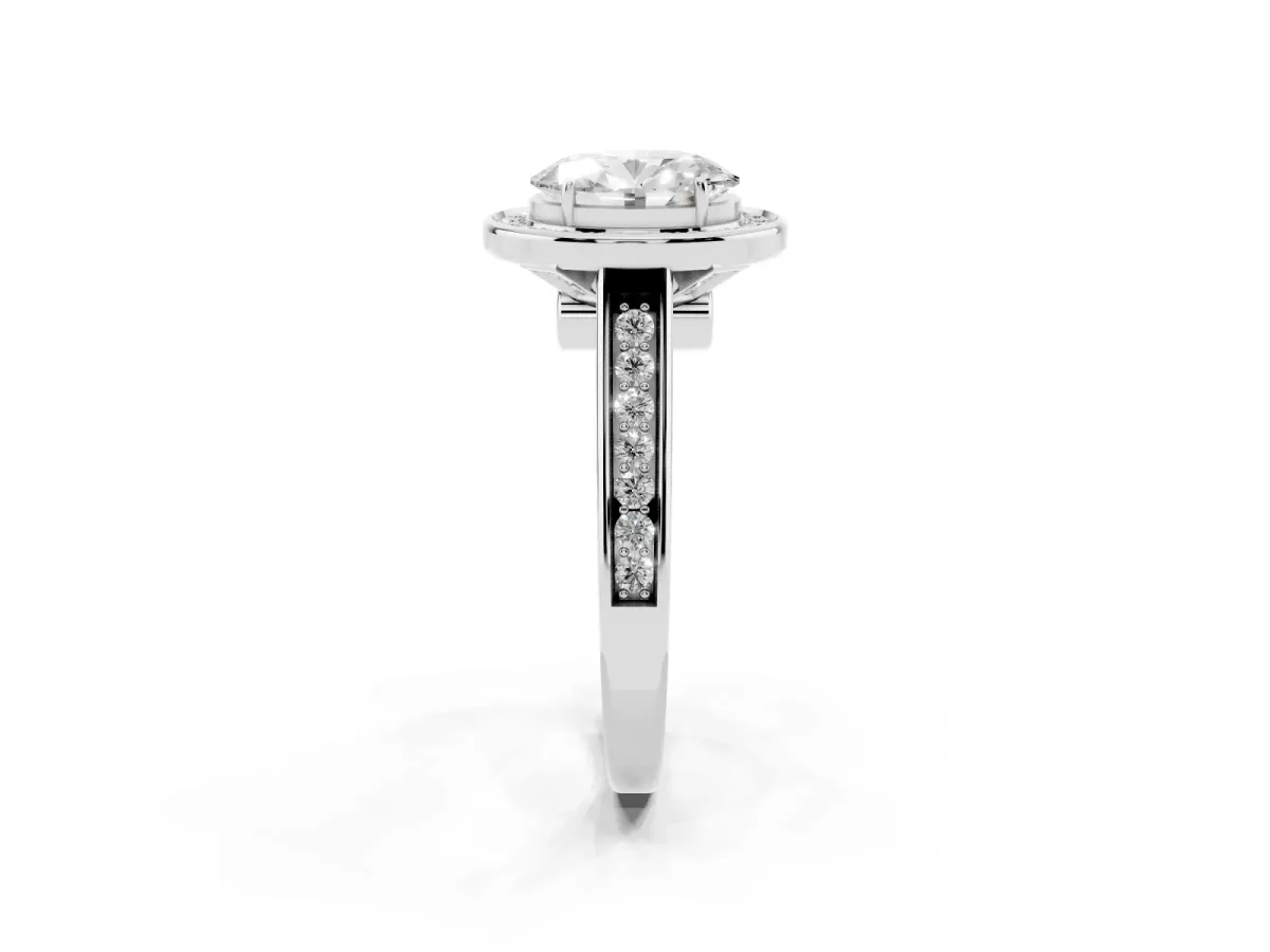 Oval Cut Halo Solitaire Diamond Ring with Pave Band and Bezel Setting Silver