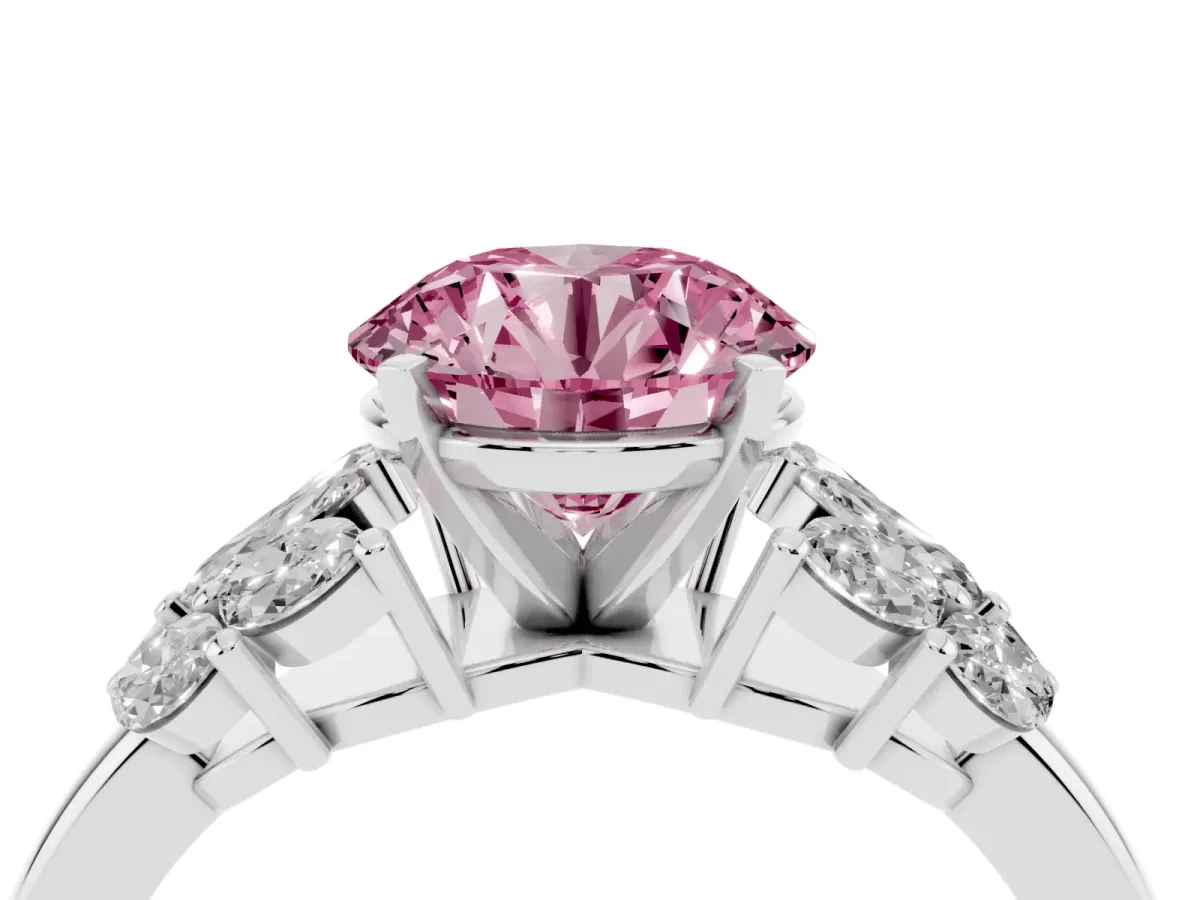 Fancy Pink Round Cut Diamond Cluster Leaf Design Ring with Prong Setting Silver