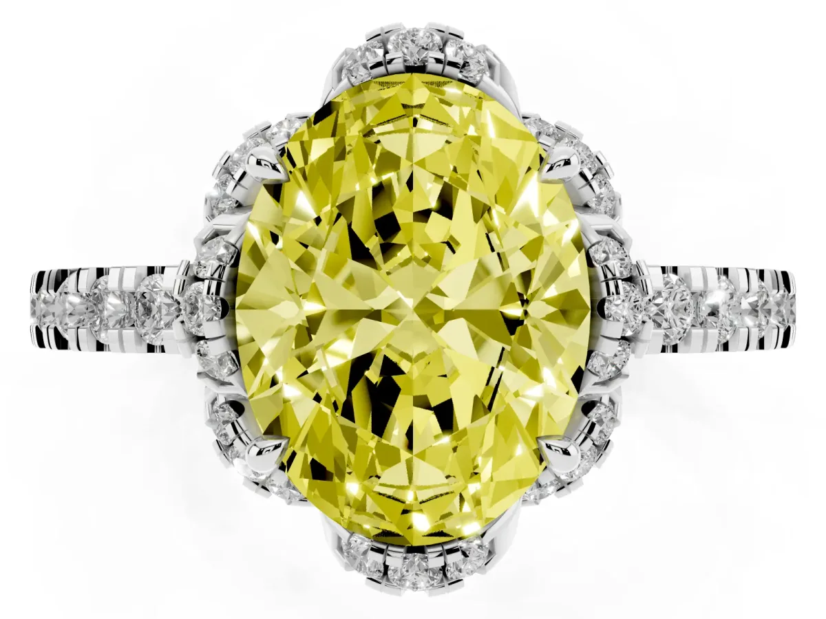 Fancy Yellow Oval Cut Halo Diamond Pave Band Ring with Four-Prong Setting Silver