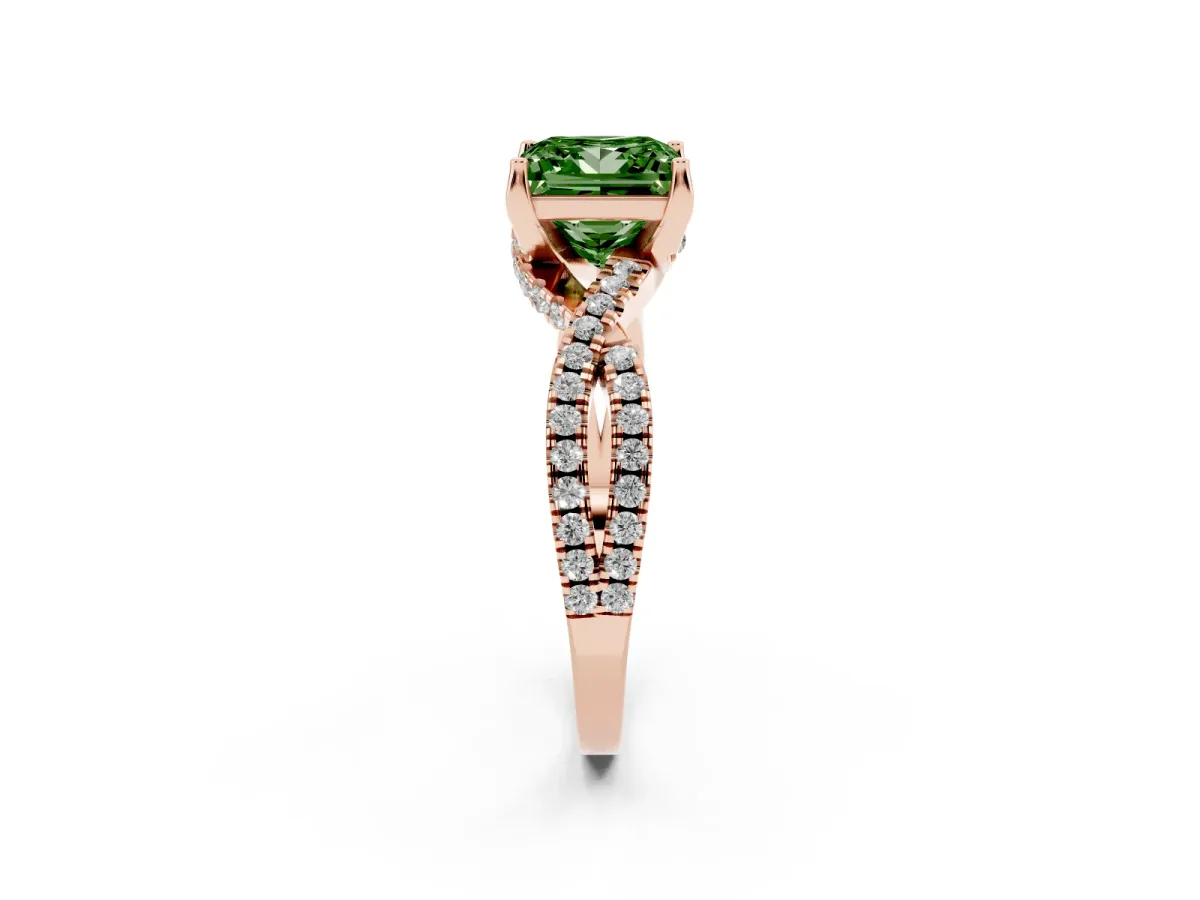 Fancy Green Princess Cut Solitaire Twist Pave Diamond Engagement Ring with Prong Setting Rose gold