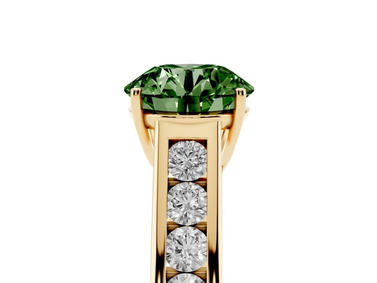 Fancy Green Round Cut Solitaire Channel-Set Diamond Engagement Ring with Four-Prong Setting Yellow gold