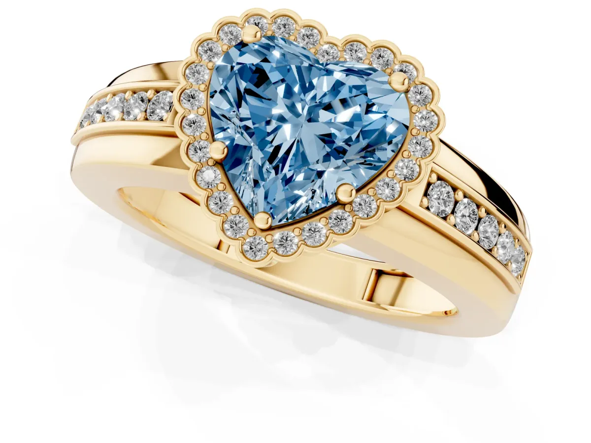 Fancy Blue Heart Cut Cut Halo Pave Band Four-Prong Ring Yellow gold